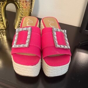 Sugar Hot Pink Platform Slide Sandals with Rhinestone Buckle